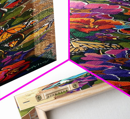 Colorful Abstract Framed Butterfly Canvas Art, Gouache Style Painting, Botanical Wall Art, Oversized Long Narrow Wall Art for Bedroom