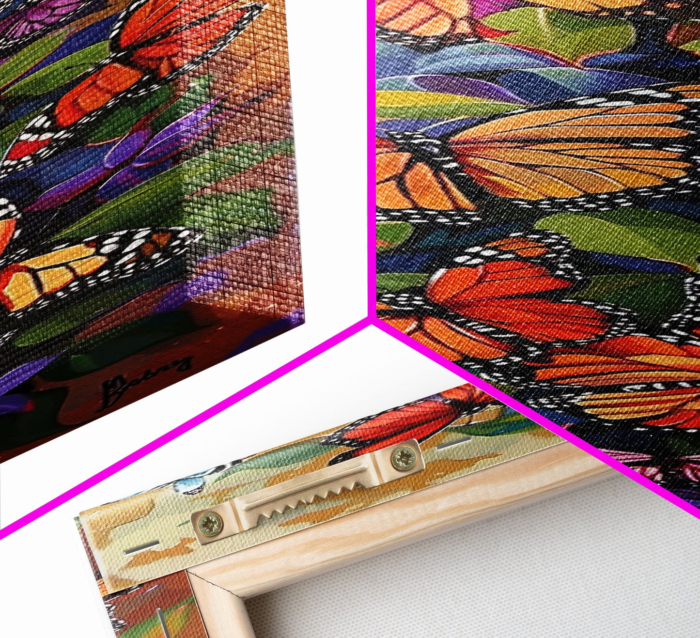 Colorful Butterfly Vertical Framed Canvas Oil Painting, Abstract Botanical Wall Art, Gouache Style Painted Art, Housewarming Gift for Her