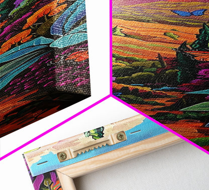 Colorful Landscape Art, Mountain Wall Art Print, Botanical Art for Kitchen, Impasto Canvas Painting Framed and Printed, Modern Wall Art