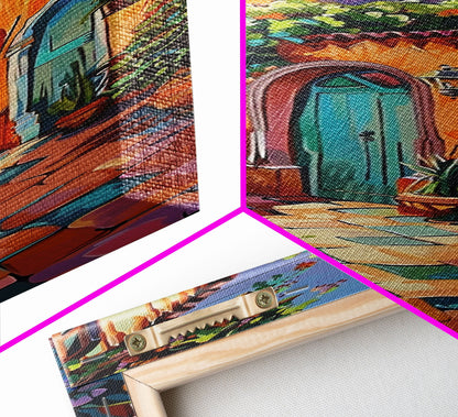 Rustic Colorful Mexican Inspired Hacienda Canvas Painting Framed, Spanish Wall Art Print, Vertical Tall and Narrow Wall Art for Large Space