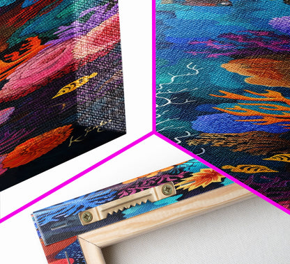 Colorful Underwater Art Print, Vibrant Wall Art Framed on Canvas, Black Light Poster, Fish Poster Art, Vertical Canvas Art, Living Room Art