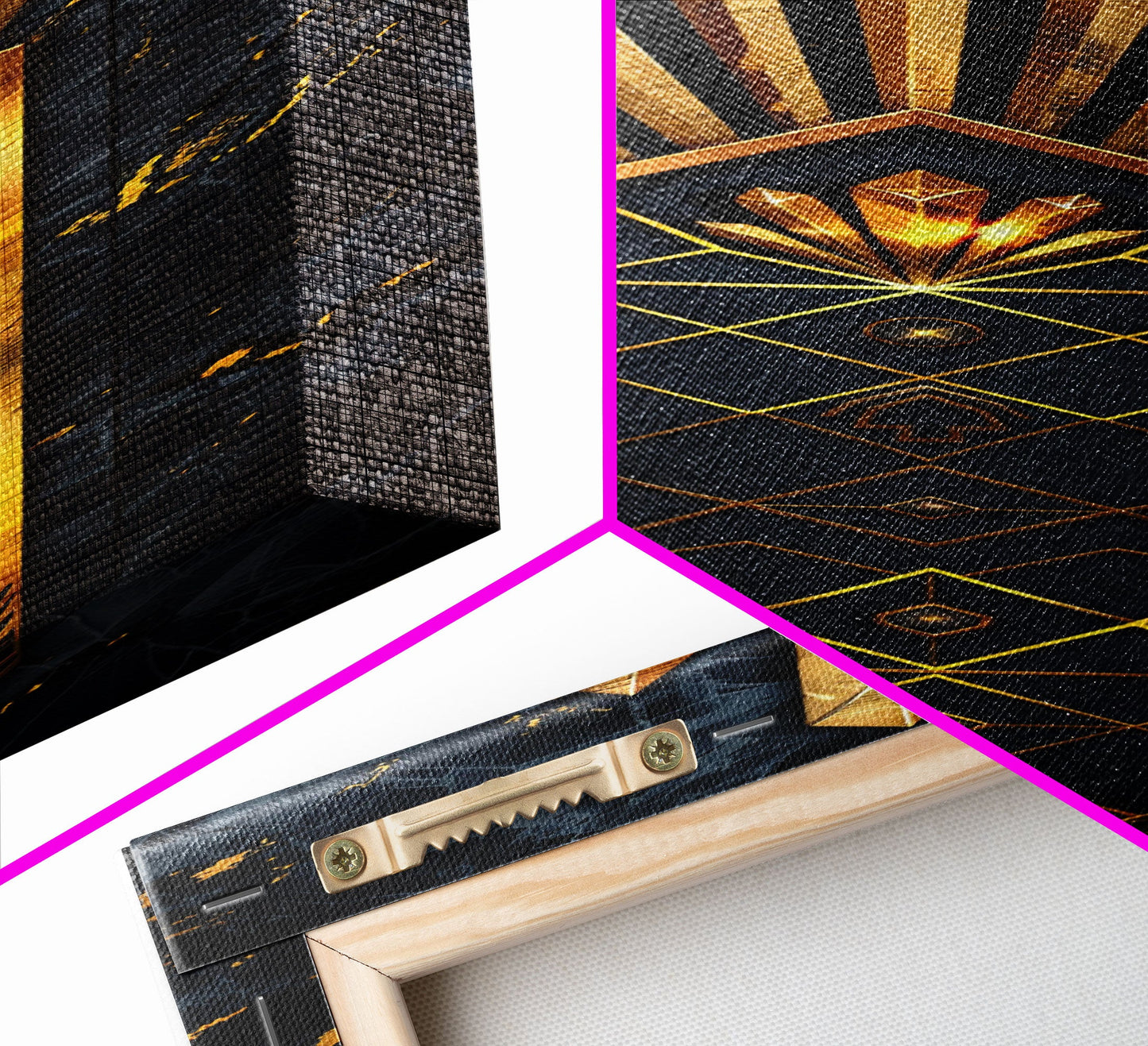 Gold Geometric Art Deco Pattern on Black Background - Framed Canvas Print, Midcentury Modern Art, Skinny Art, Tall Art, Living Room Wall Decor