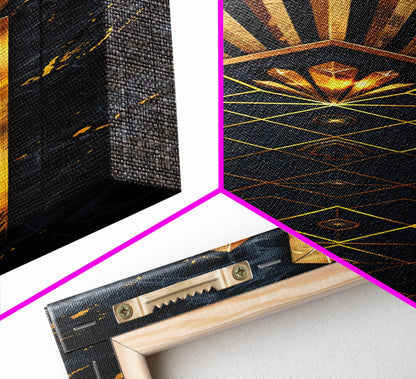 Gold Geometric Art Deco Pattern on Black Background - Framed Canvas Print, Midcentury Modern Art, Skinny Art, Tall Art, Living Room Wall Decor