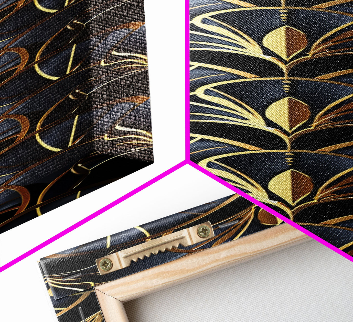 Gold Art Deco Pattern on Black Background - Framed Canvas Print, Midcentury Modern Art, Skinny Art, Tall Art, Living Room Wall Decor, Minimalist Art