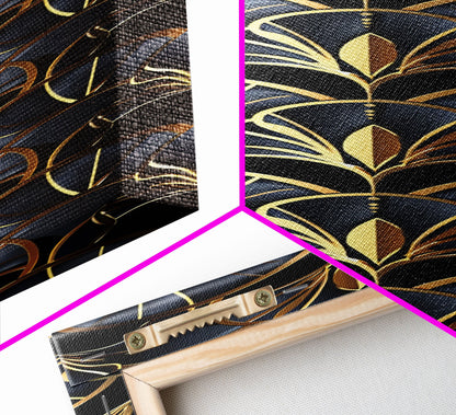 Gold Art Deco Pattern on Black Background - Framed Canvas Print, Midcentury Modern Art, Skinny Art, Tall Art, Living Room Wall Decor, Minimalist Art