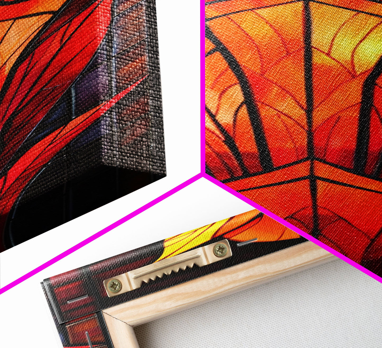 Red and Orange Floral Stained Glass Design - Framed Canvas Print, Midcentury Modern Art, Skinny Art, Tall Art, Living Room Wall Decor, Boho Art