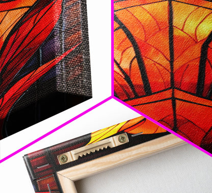 Red and Orange Floral Stained Glass Design - Framed Canvas Print, Midcentury Modern Art, Skinny Art, Tall Art, Living Room Wall Decor, Boho Art