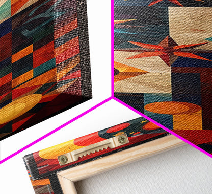 Geometric Cosmic Design in Red and Blue Tones - Framed Canvas Print, Midcentury Modern Art, Skinny Art, Tall Art, Living Room Wall Decor, Boho Art