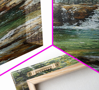 Framed Canvas Print Skinny Art of a Serene Waterfall Cascading into a Tranquil Pool in a Lush Forest Landscape, Perfect Tall Art for Nature Lovers