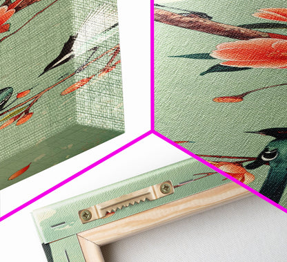 Elegant Birds on Branches Skinny Art Tall Art Japanese Ukiyo-e Inspired Bird and Nature Framed Canvas Print