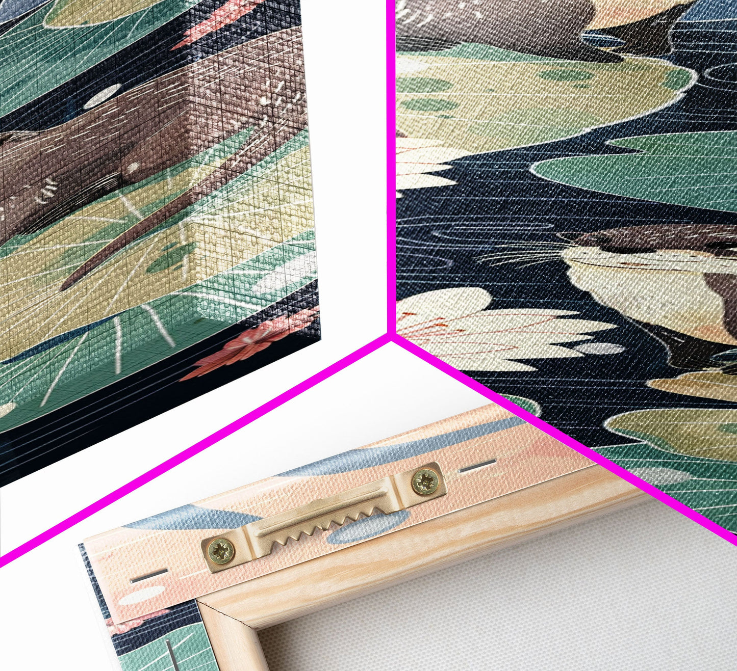 Playful Otters Amidst Lily Pads on Japanese-Inspired Tall Vertical Canvas Print Perfect for Nature-Inspired Wall Decor