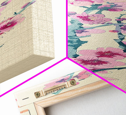 Plum Blossom Branch in Japanese Skinny Art with Delicate Pink Flowers – Framed Canvas Print