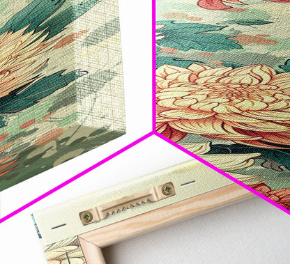 Chrysanthemums in Traditional Japanese Art, Ukiyo-e Style Framed Canvas Print Perfect for Tall and Skinny Spaces