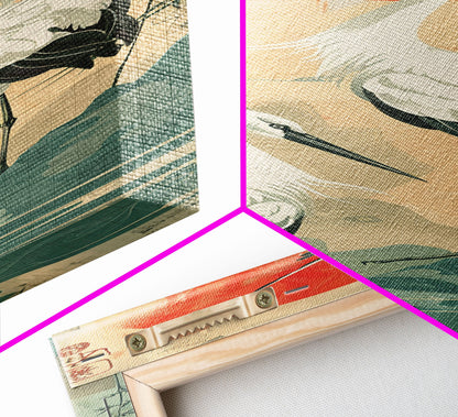 Tall Japanese Cranes Under a Vibrant Red Sun Ukiyo-e Art Skinny Framed Canvas Print Traditional Japanese Nature Scene