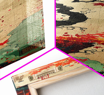 Twisted Tree with Red Maple Leaves Skinny Art Ukiyo-e Japanese Framed Canvas Print in Autumn Colors