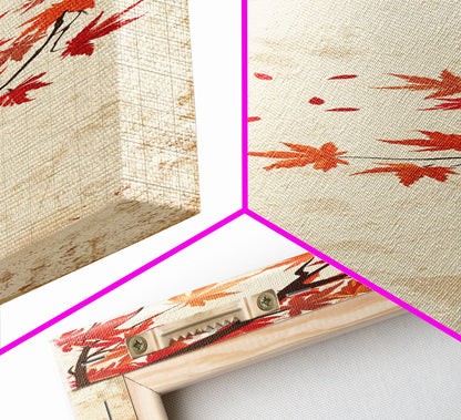 Skinny Art Maple Branch In Japanese Style Wood Block Print Autumn Leaves On Framed Canvas Print, Tall Art Ukiyo-e