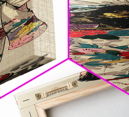 Skinny Art Traditional Kimono In Japanese Style Wood Block Print Intricate Floral Pattern On Framed Canvas Print, Tall Art Ukiyo-e