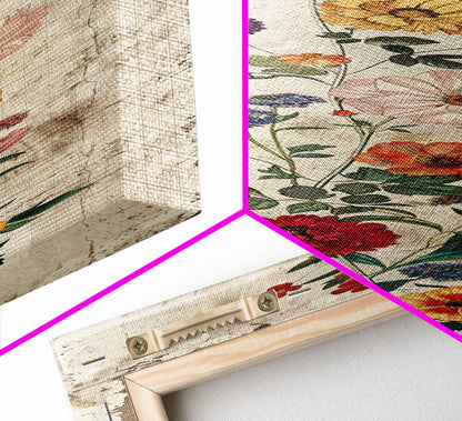 Skinny Art Tall Art Framed Canvas Print Vintage Style Floral Art With Mixed Blossoms On A Rustic Background Ukiyo-e Japanese Style Art