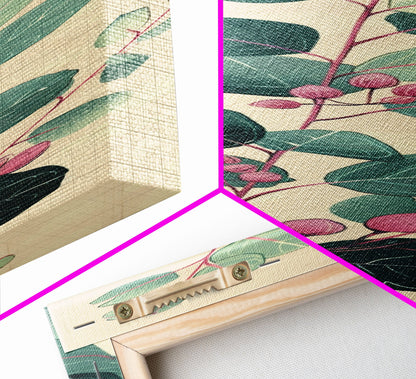 Delicate Green Leaves And Pink Buds On A Branch Against A Textured Background, Skinny Art Tall Wall Art Framed Canvas Print Japanese Style Art