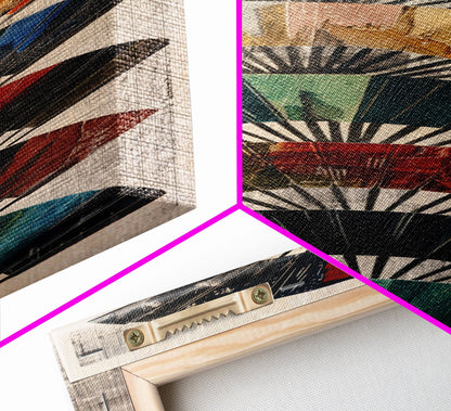 Seven Japanese Fans In Various Colors Arranged Vertically On A Textured Background, Skinny Art Tall Wall Art Framed Canvas Print Japanese Style Art