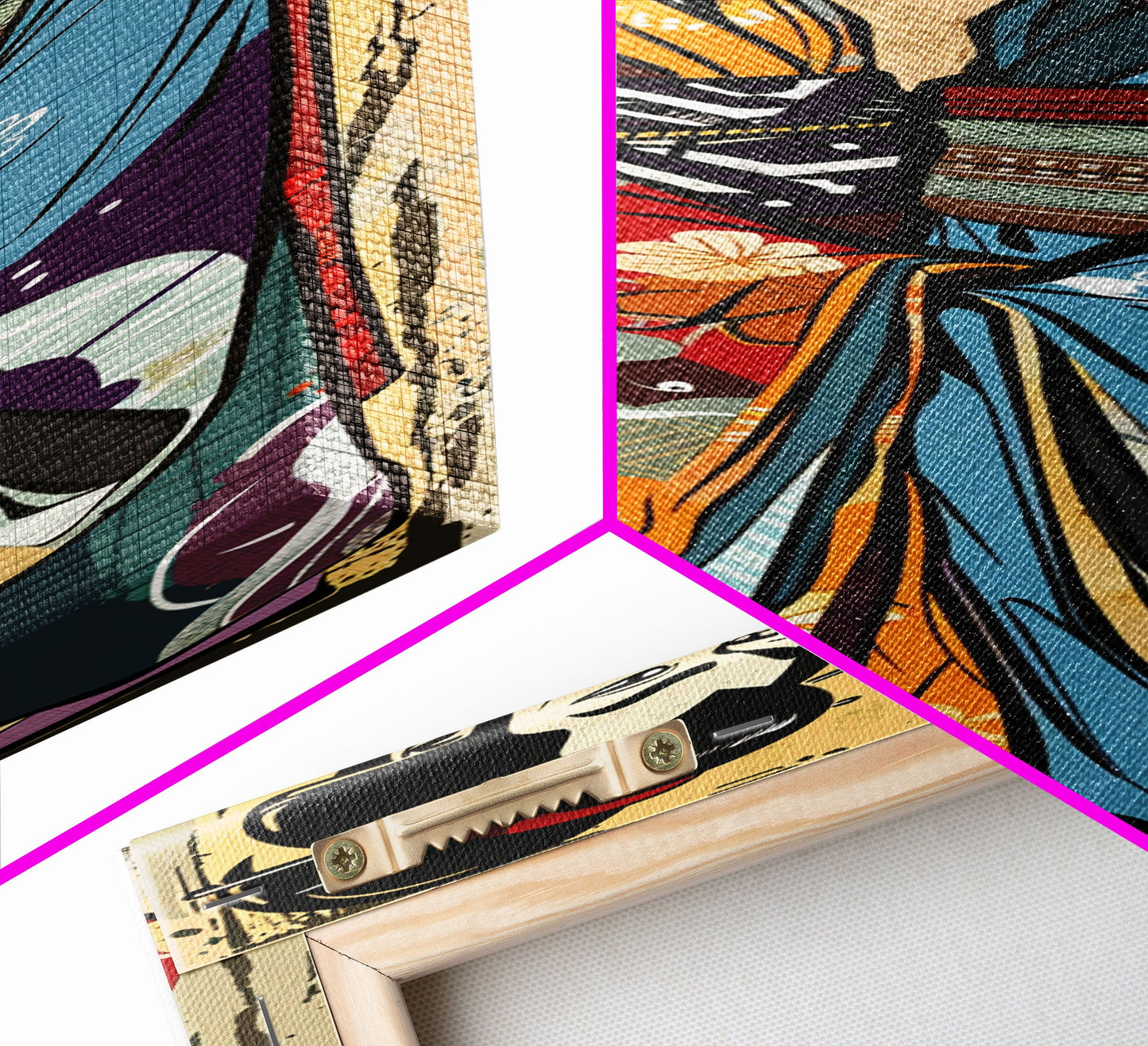 Japanisches Paar im traditionellen Kimono, Hochformatiger, schlanker, gerahmter Leinwanddruck für die Wand