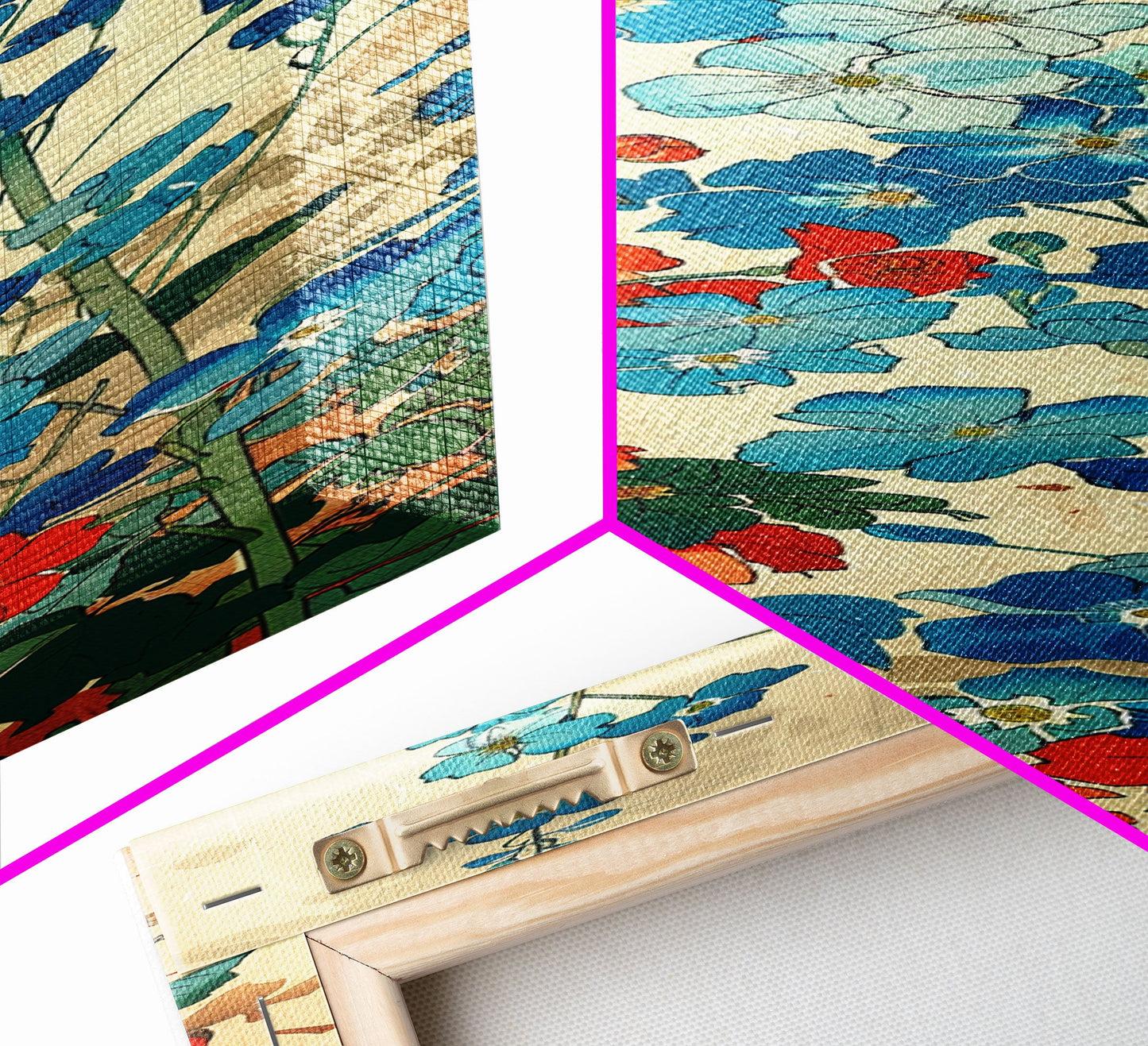 Delphinium Flowers Japanese Garden Art In Traditional Ukiyo-e Style Framed Canvas Print Tall Skinny Wood Block Floral Wall Decor