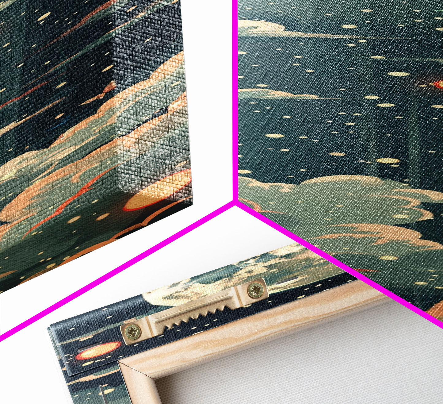 Moonlit Night With Japanese Lanterns Art On Framed Canvas Print In Ukiyo-e Style Tall Skinny Ethereal Wood Block Wall Decor