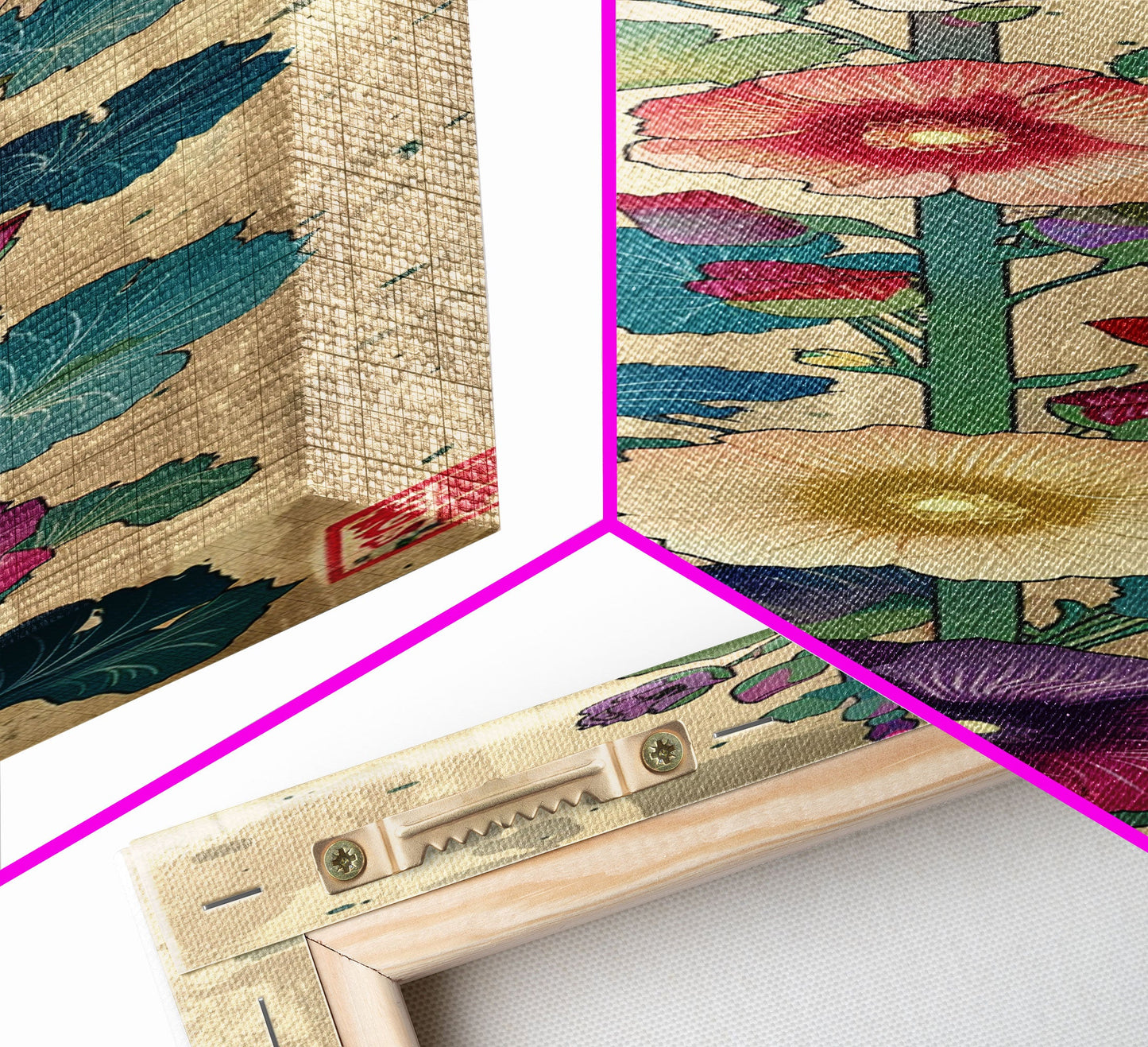 Colorful Hollyhock Flowers Traditional Japanese Woodblock Style Tall Skinny Framed Canvas Print Wall Art