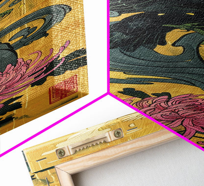 Canvas Print Japanese Eagle In Flight Over Chrysanthemum Flowers, Bold Traditional Art For Statement Wall Piece, Cultural Home Decor