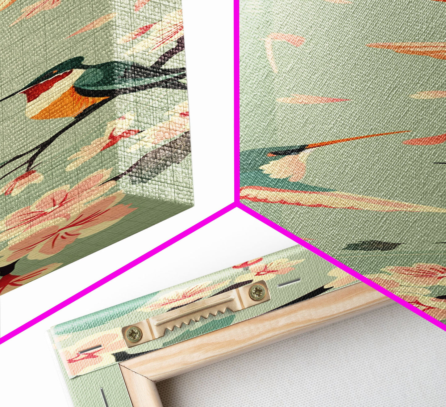 Hummingbirds And Cherry Blossoms In Japanese Style Canvas, Ukiyo-e Inspired Woodblock Art, Framed Canvas Print, Japanese Tall Skinny Wall Art, Ready To Hang