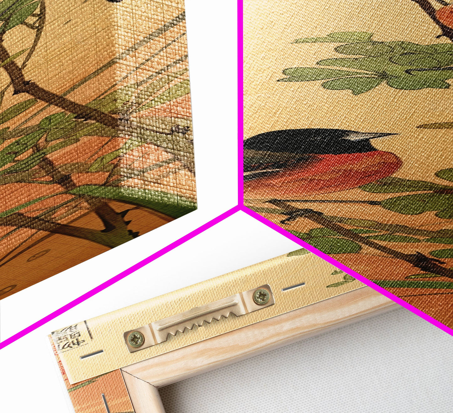 Tall Art, Skinny Art, Japanese Style Art, Birds On Branches Wood Block Print Framed Canvas Print Ukiyo-e Art