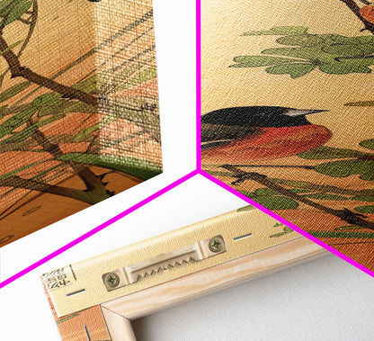 Tall Art, Skinny Art, Japanese Style Art, Birds On Branches Wood Block Print Framed Canvas Print Ukiyo-e Art