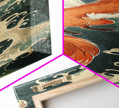 Japanese Style Art Depicting A Fox In Motion Against A Backdrop Of Foamy Waves, Skinny Art, Tall Art, Ukiyo-e Art, Framed Canvas Print, Wood Block Print