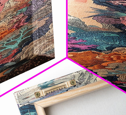 Framed Canvas Print Of A Coral Reef Scene Filled With Vibrant Marine Life, Skinny Art, Tall Art, Japanese Style Art, Ukiyo-e Art, Wood Block Print