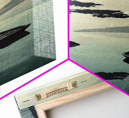 Skinny Art Tall Art Serene Lake Scene With Boat Wood Block Print Japanese Style Art Framed Canvas Print Calm Reflections On Still Water