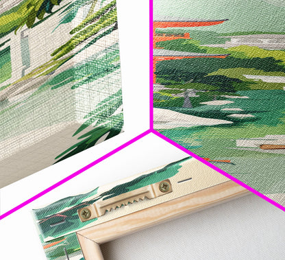 Skinny Art Tall Art Tranquil Japanese Garden Wood Block Print Japanese Style Art With Pagoda Reflected In Water Framed Canvas Print