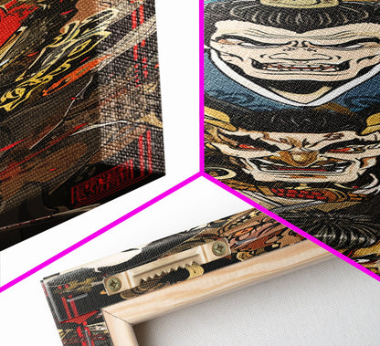 Fierce Samurai Warriors With Oni Mask Tall Art Ukiyo-e Art Wood Block Print Framed Canvas Print