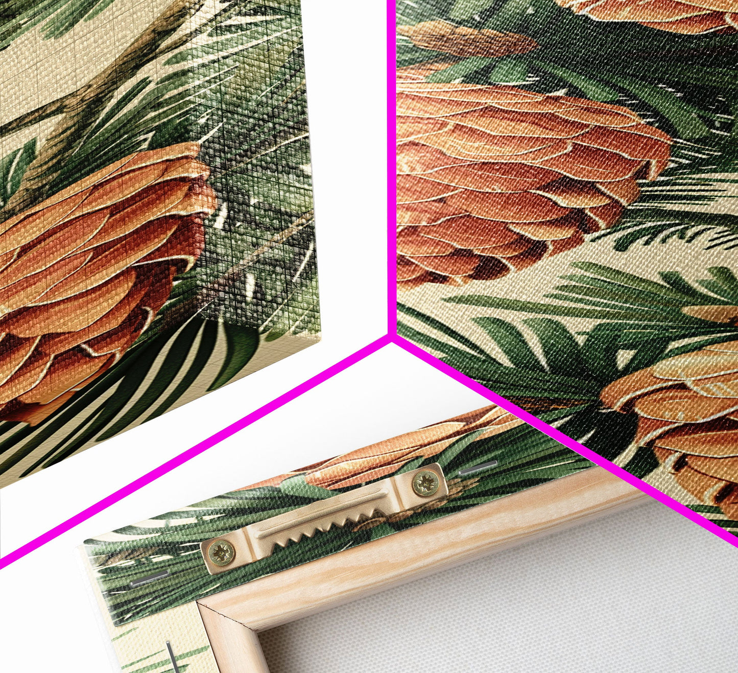 Pinecones And Green Pine Needles Detailed Wood Block Print Skinny Art Framed Canvas Print