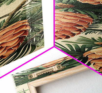 Pinecones And Green Pine Needles Detailed Wood Block Print Skinny Art Framed Canvas Print