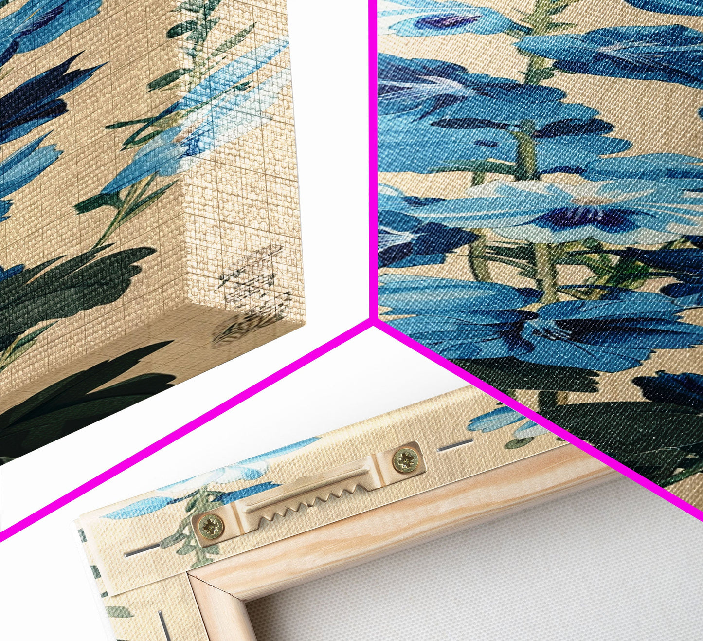 Tall Blue Delphinium Flowers Against Beige Background Ukiyo-e Wood Block Print Framed Canvas Print