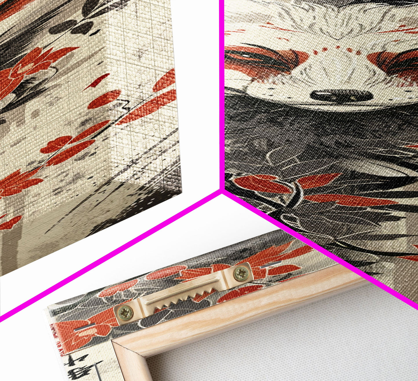 Fox Head Amidst Red Flowers On Textured Background Skinny Art Wood Block Print Framed Canvas Print