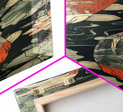 Koi Fish Swimming Gracefully Among Lotus Flowers – Framed Canvas Print Highlighting Skinny Art And Tall Art In Ukiyo-E Art And Japanese Style Art