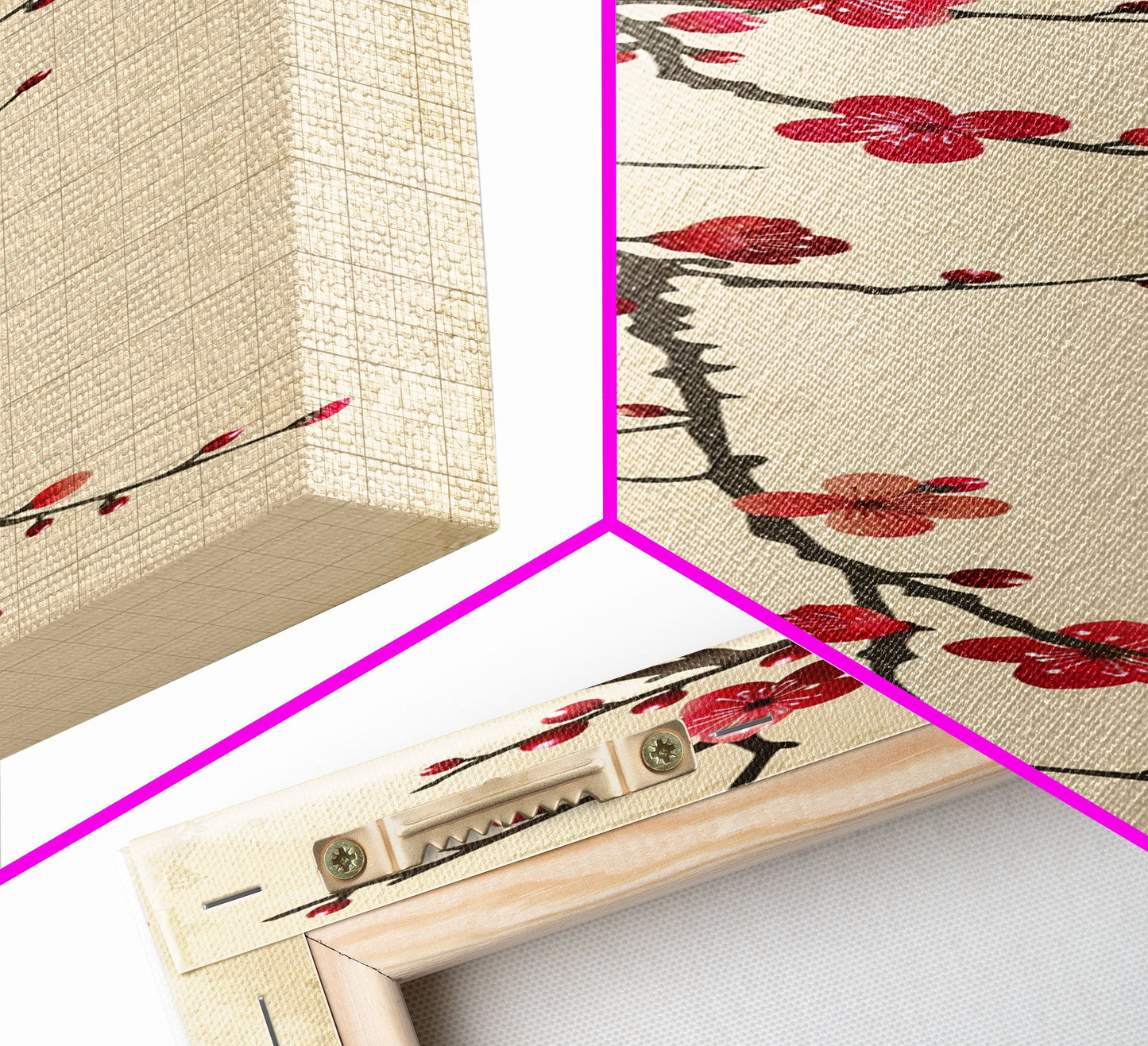 Minimalist Branch Of Red Cherry Blossoms Against Beige Background For Asian-Inspired Wall Art Decor Framed Canvas Print