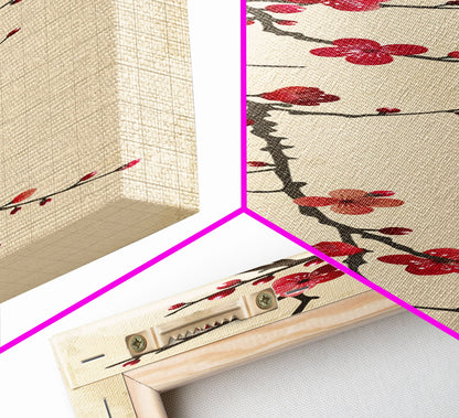 Minimalist Branch Of Red Cherry Blossoms Against Beige Background For Asian-Inspired Wall Art Decor Framed Canvas Print