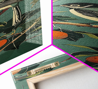 Elegant Bird Among Persimmons On A Green Canvas, Skinny Wall Art With Framed Canvas Print In Japanese Style Art For Feng Shui Decor