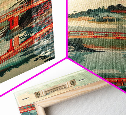 Atemberaubendes Motiv des Berges Fuji mit Spiegelung der roten Brücke, schmaler, hoher Leinwanddruck mit Rahmen, japanisches Wandbild im Feng-Shui-Stil