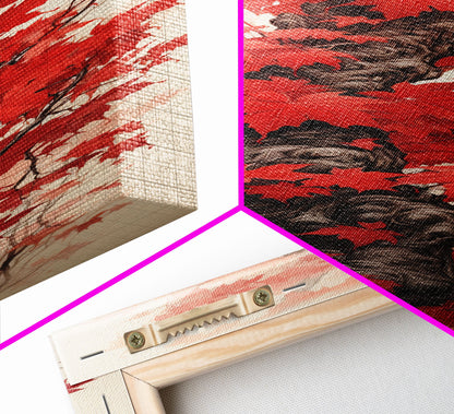 Skinny Art Tall Art Framed Canvas Print Japanese Style Art Wood Block Print Red Maple Leaves Tree Trunk Ukiyo-e Feng Shui Wall Art