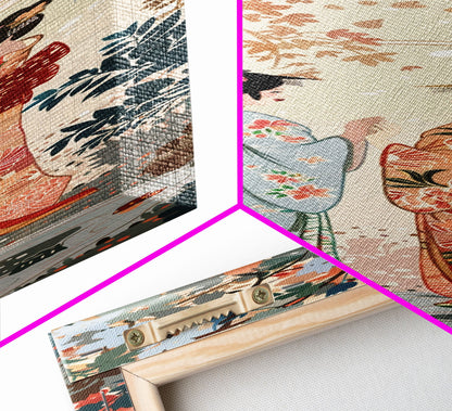 Traditional Geishas Skinny Art Tall Art Japanese Ukiyo-e Inspired Framed Canvas Print for Elegant Home and Office Decor