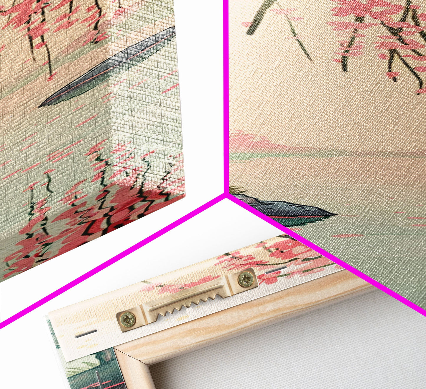 Serene Weeping Cherry Tree with Gentle Reflections in Water - Skinny Art, Japanese Wall Decor, Framed Canvas Print, Ukiyo-e Style