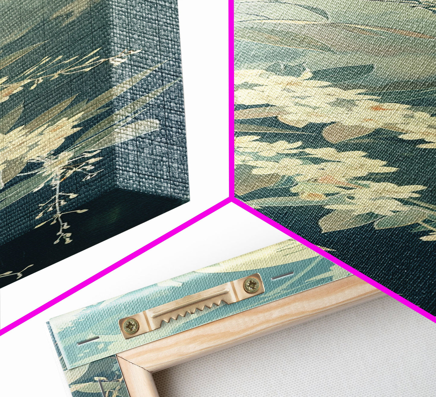 Delicate White Flowers and Full Moon in a Tranquil Night Setting - Skinny Art, Japanese Wall Decor, Framed Canvas Print, Ukiyo-e Style